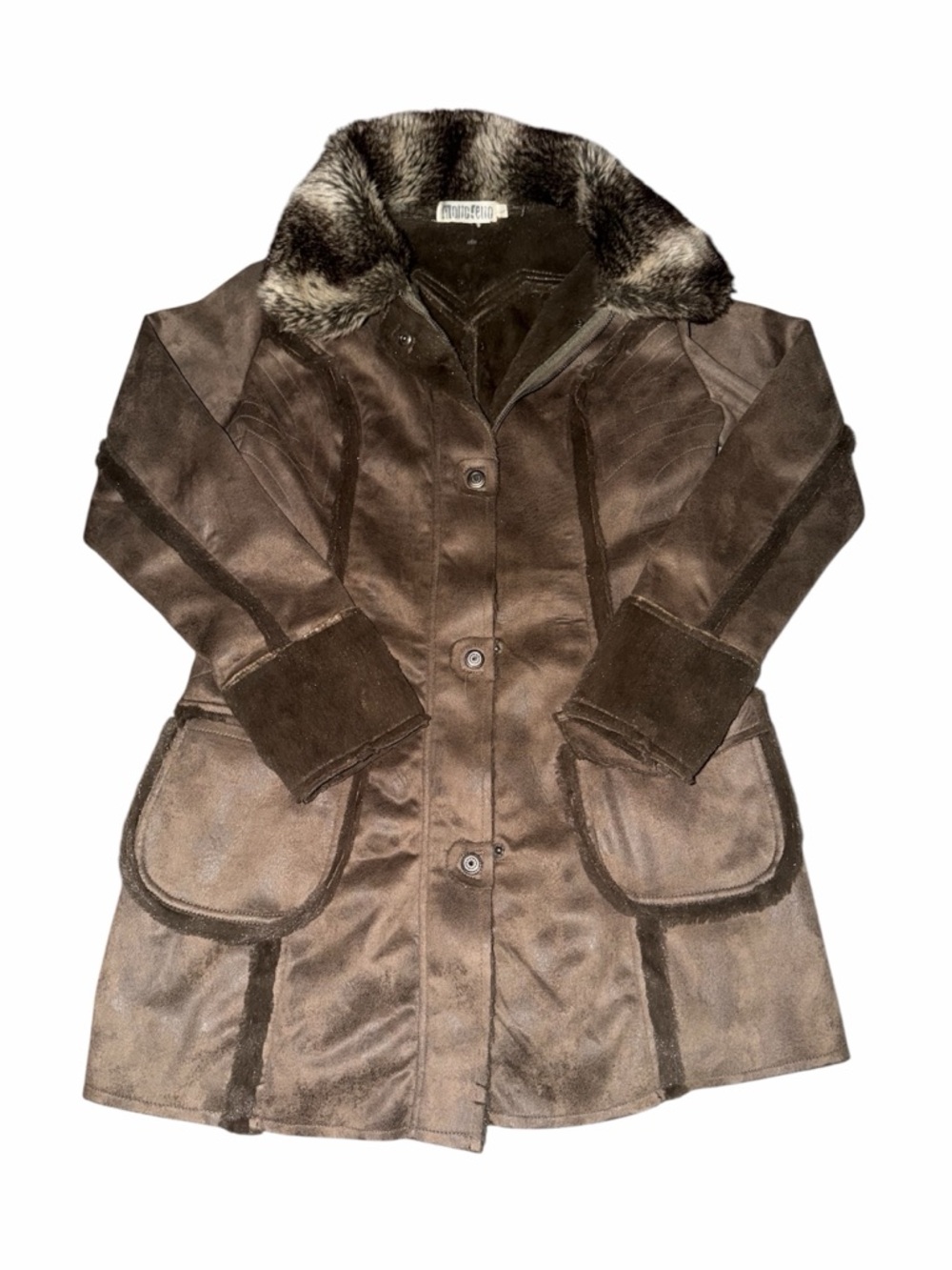 Monoreno Brown Faux-Suede Trench Coat with Fur Collar
